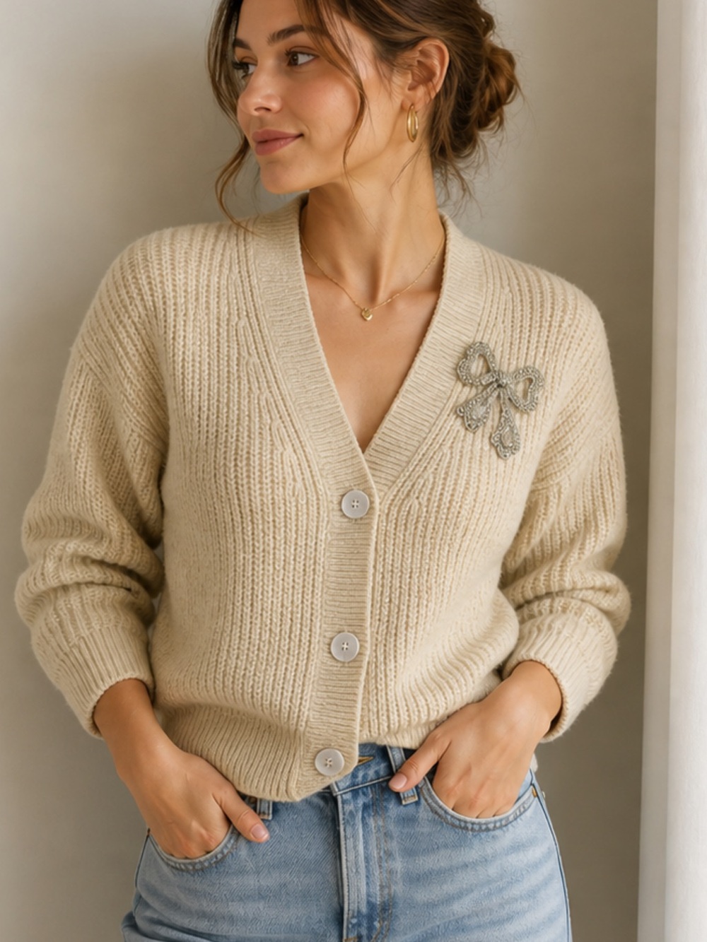 LOFT Cream V-Neck Ribbed Button Front Cardigan Sweater